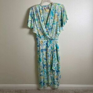 VTG Barbara Barbara California Watercolor Floral Wrap Midi Dress Blue Green 12